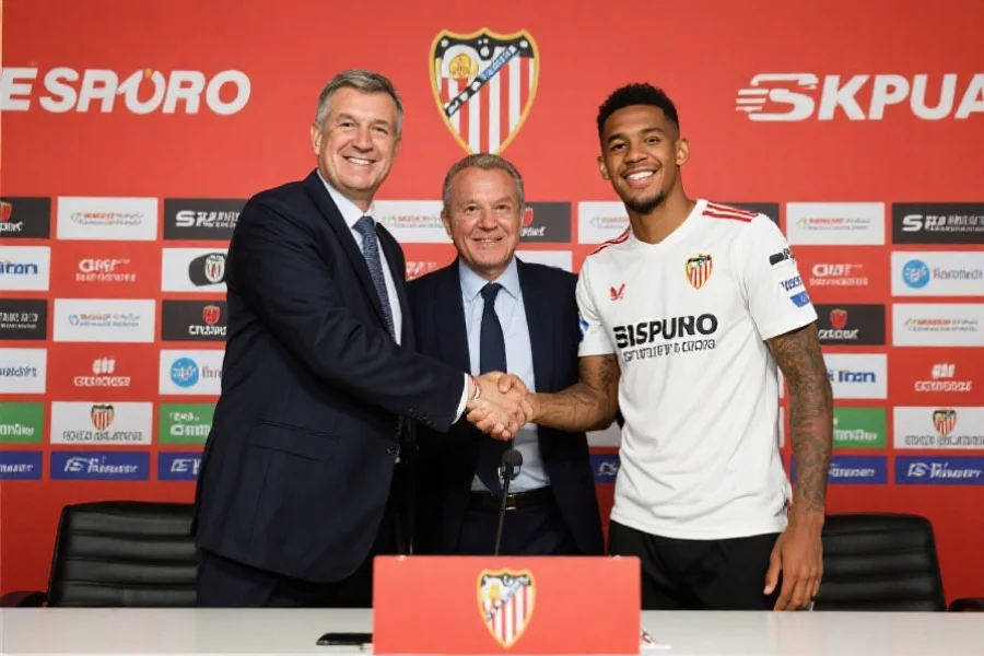 俱乐部高层与新加盟球员在新闻发布会上握手微笑，背景有赞助商和球队标志