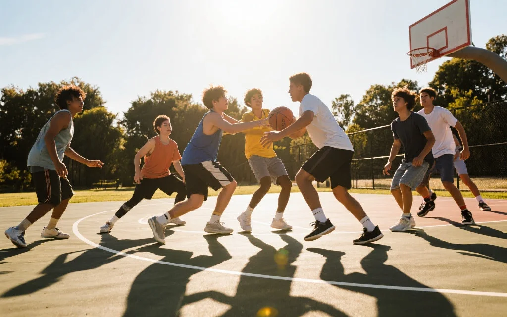 一群年轻人在户外篮球场上激烈拼抢，阳光明媚，充满活力和激情
