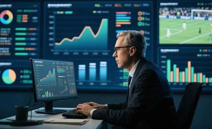 一位专家正在对着电脑分析体育数据，背景为数据图表和比赛画面，体现专业分析氛围